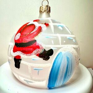 Christmas Frosted Igloo w/Santa hanging on side Glass Ornament Hand Painted